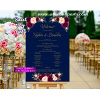 Burgundy Welcome Sign with program,Navy Wedding poster,(84w)